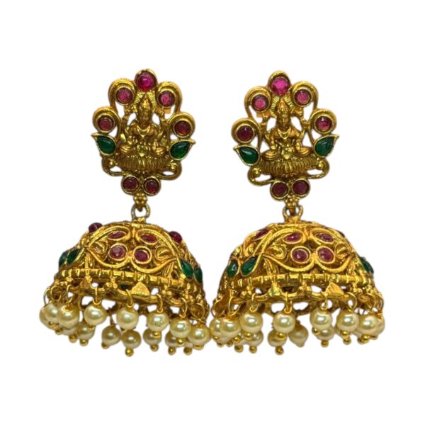 Gold Jhumka- Lakshmi Design- Ruby & Green Color Stones, Product Code: V-2716