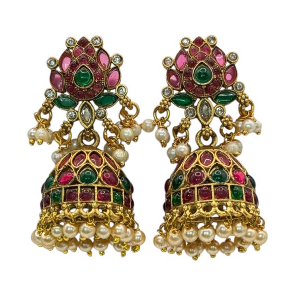 Gold Jhumka- Green & Ruby Color Stones, Product Code: V-2717