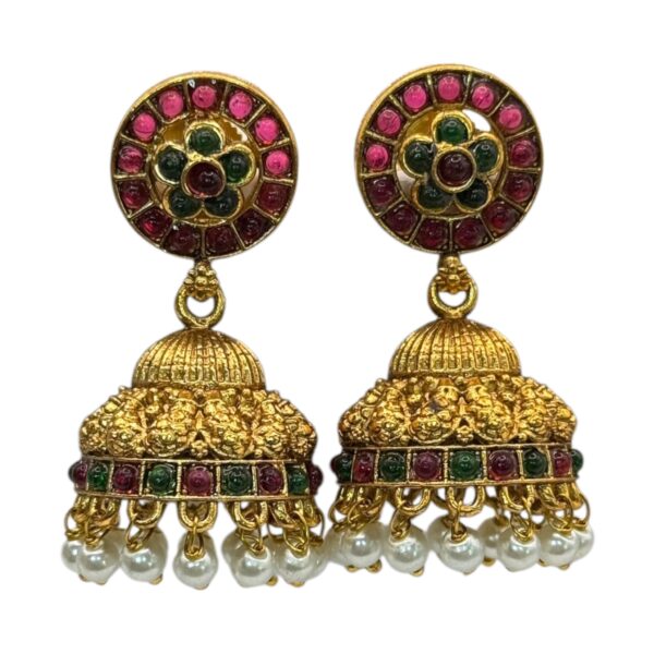 Gold Jhumka- Green & Ruby Color Stones, Product Code: V-2718