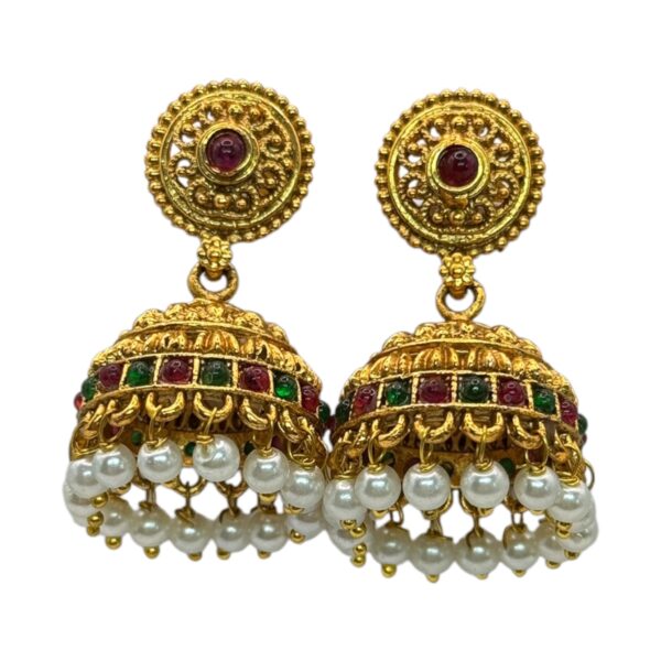 Gold Jhumka- Green & Ruby Color Stones, Product Code: V-2719