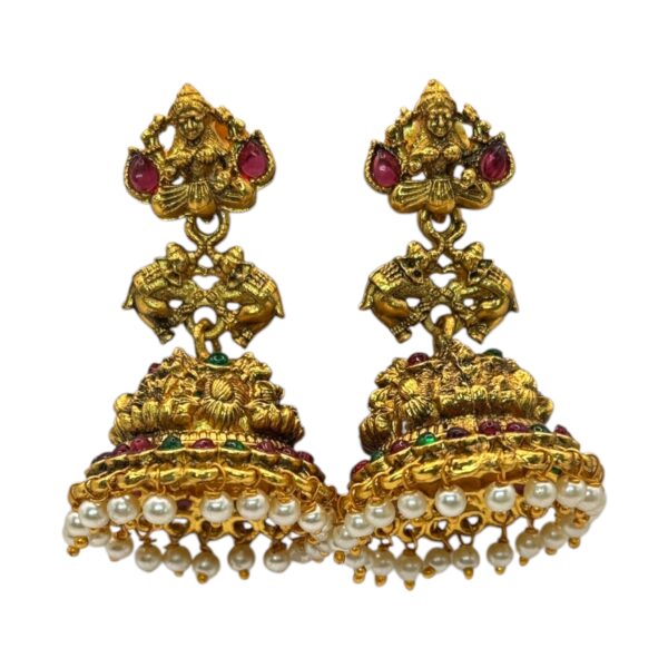 Gold Jhumka- Lakshmi Design- Ruby & Green Color Stones, Product Code: V-2720