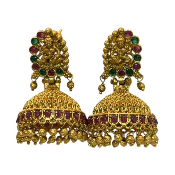 Gold Jhumka- Lakshmi Design- Ruby & Green Color Stones, Product Code: V-2721