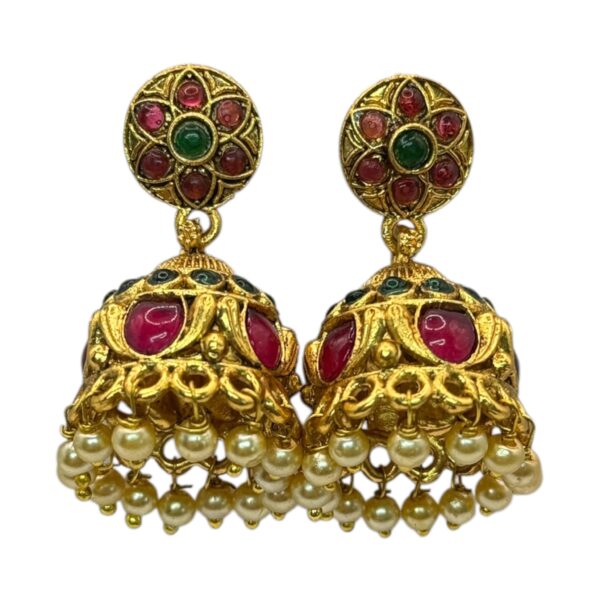 Gold Jhumka- Green & Ruby Color Stones, Product Code: V-2722