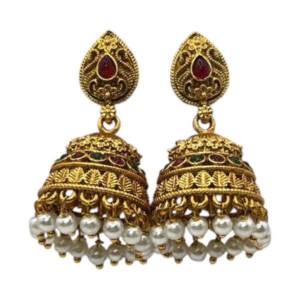 Gold Jhumka- Green & Ruby Color Stones, Product Code: V-2723