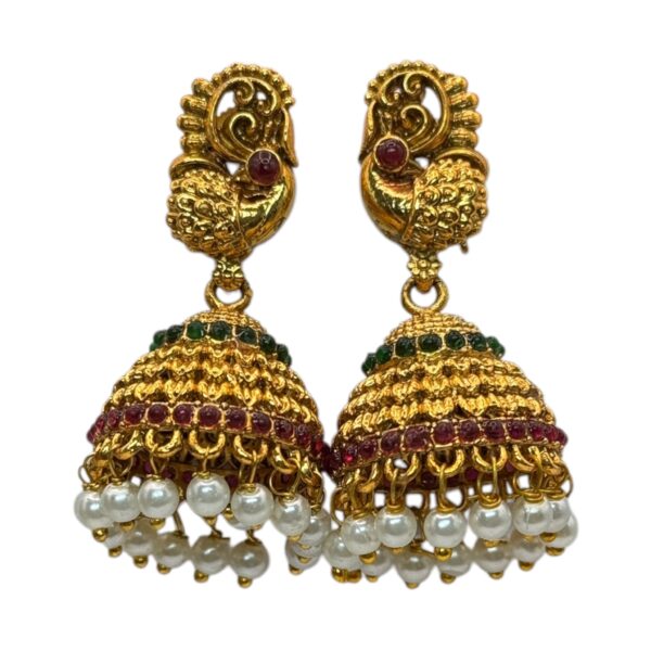 Gold Jhumka- Peacock Design- Green & Ruby Color Stones, Product Code: V-2724