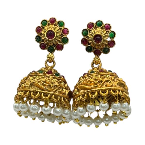 Gold Jhumka- Green & Ruby Color Stones, Product Code: V-2726