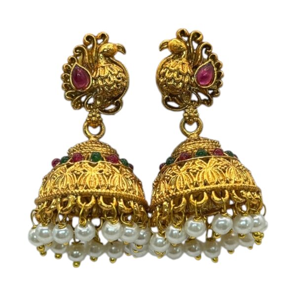 Gold Jhumka- Peacock Design- Green & Ruby Color Stones, Product Code: V-2727