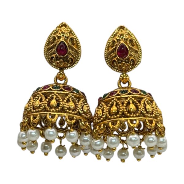 Gold Jhumka- Green & Ruby Color Stones, Product Code: V-2728