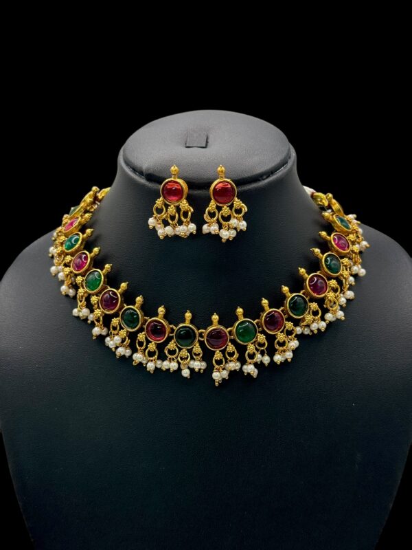 Guttapusalu Short Necklace Set- Green & Red Color Stones- Studs , V-2731