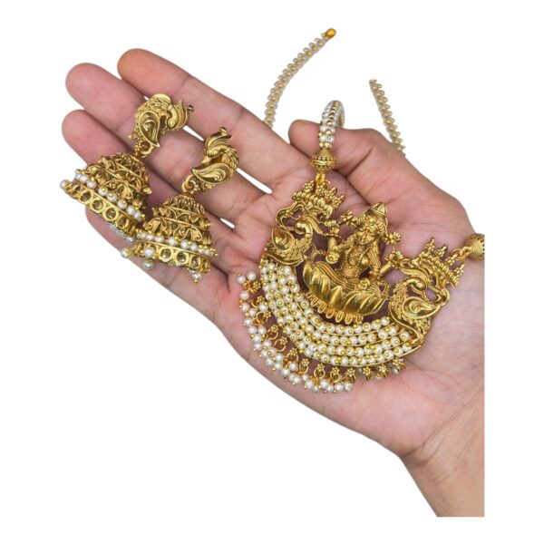 Mid Length Necklace Set-  Lakshmi Pendant- White & Gold Beads Chain- Jhumkas, V-2735 - Image 2