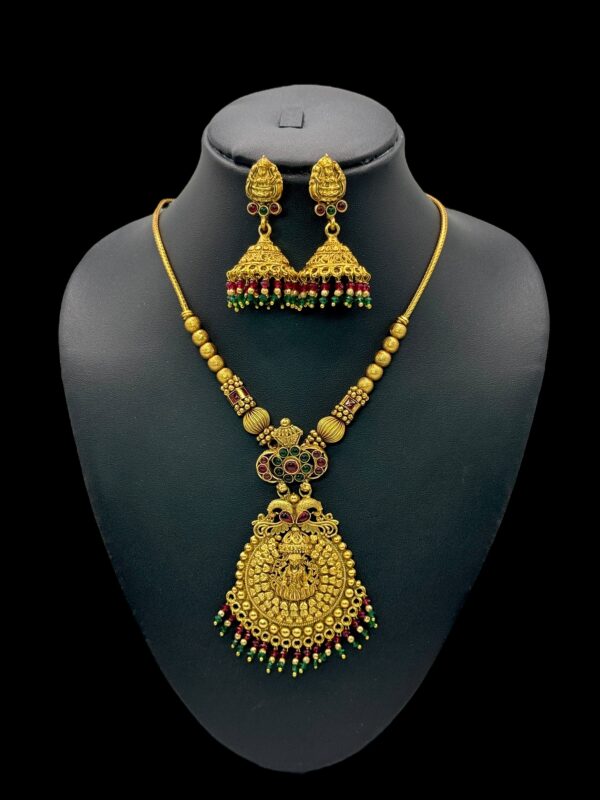 Short Necklace Set- Lakshmi Pendant- Green & Ruby Color Stones- Jhumkas, V-2736