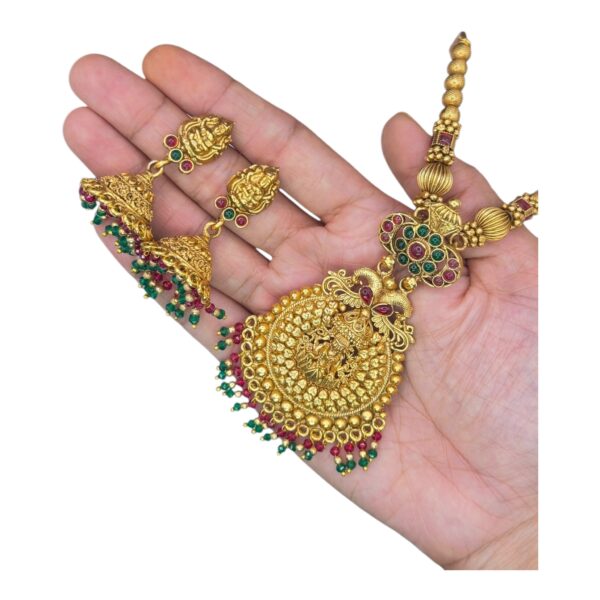 Short Necklace Set- Lakshmi Pendant- Green & Ruby Color Stones- Jhumkas, V-2736 - Image 2