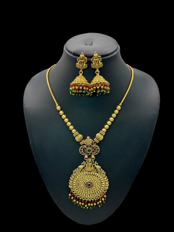 Non- Idol Short Necklace Set- Green & Ruby Color Stones-Lakshmi Jhumkas, V-2737