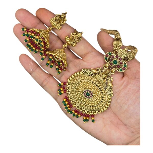 Non- Idol Short Necklace Set- Green & Ruby Color Stones-Lakshmi Jhumkas, V-2737 - Image 2