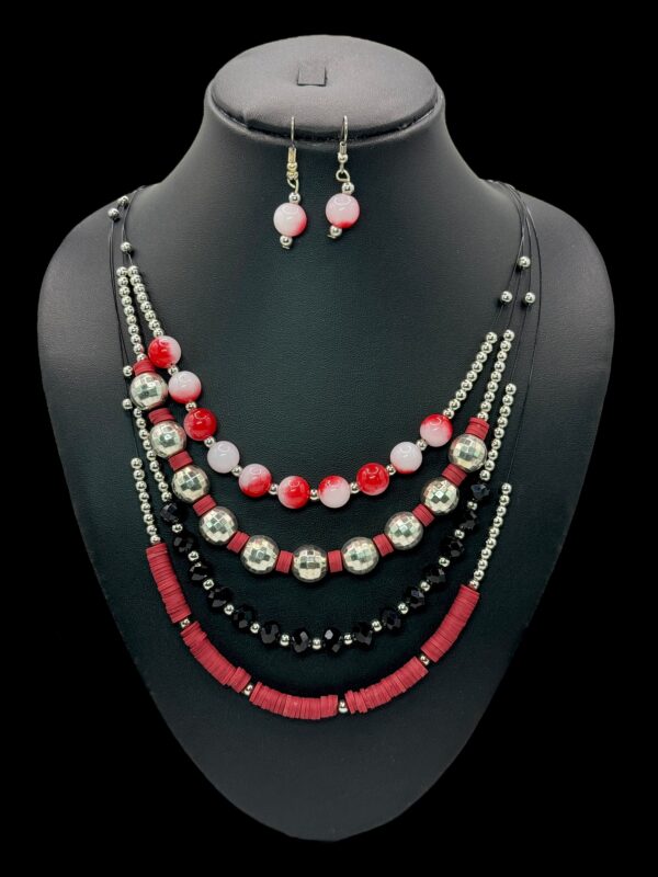 Fancy Beads Necklace- Earrings- Red & Black Color, V-2778