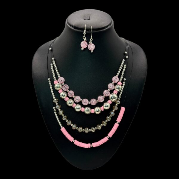 Fancy Beads Necklace- Earrings- Pink Color , V-2777