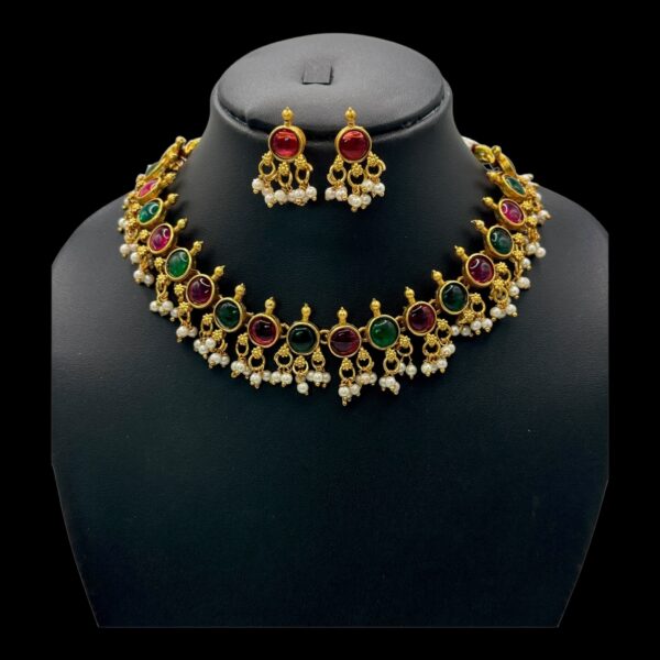 Guttapusalu Short Necklace Set- Green & Red Color Stones- Studs , V-2731