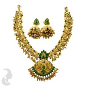Short Necklace- Non Idol Gold Necklace- Green stones- Jhumkas , Product Code: V-2222