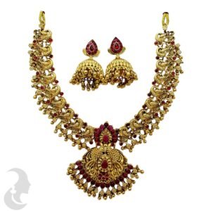 Short Necklace- Non Idol Gold Necklace- Red stones- Jhumkas , Product Code: V-2223