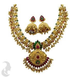 Short Necklace- Non Idol Gold Necklace- Red and Green stones- Jhumkas , Product Code: V-2224