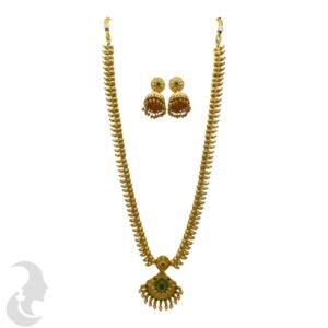 Long Necklace- Non Idol Gold Necklace- Green Stones- Jhumkas, Product Code: V-2226