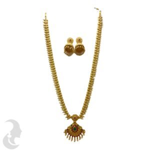 Long Necklace- Non Idol Gold Necklace- Red and Green Stones- Jhumkas, Product Code: V-2228