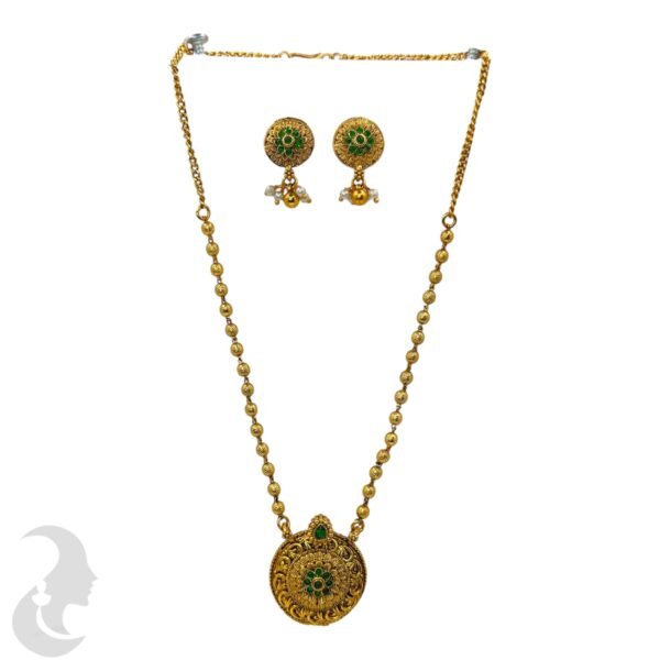 Short Necklace- Non Idol Gold Beads Chain- Green stones- Studs, Product Code: V-2229