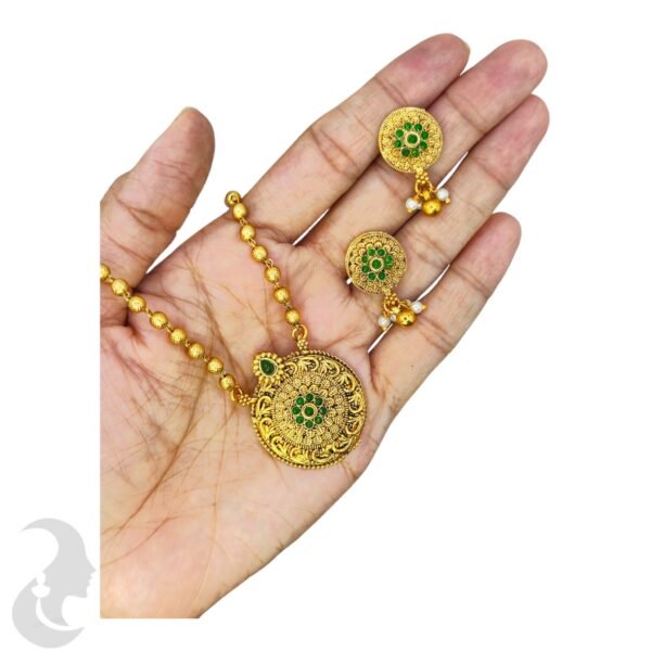Short Necklace- Non Idol Gold Beads Chain- Green stones- Studs, Product Code: V-2229 - Image 2