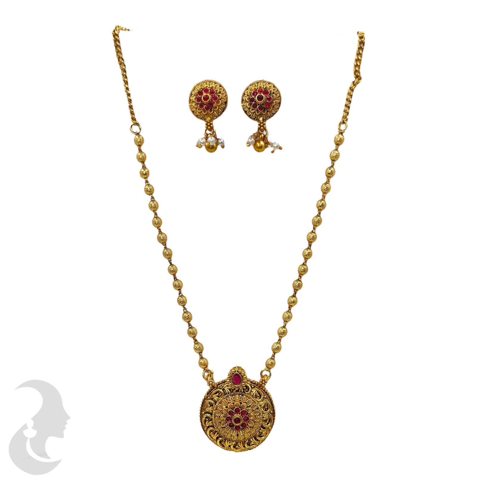 Short Necklace- Non Idol Gold Beads Chain- Red stones- Studs, Product Code: V-2230