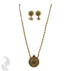 Short Necklace- Non Idol Gold Beads Chain- Red and Green stones- c , Product Code: V-2231