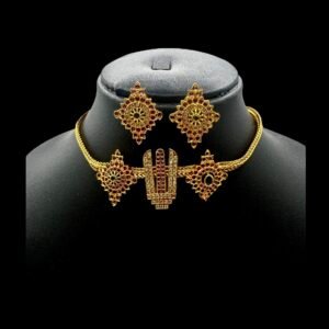 Sri Venkateswara- Shanku Chakra Nama Choker- Ruby Pink & Green Stones- Earrings, Product Code: V-3095
