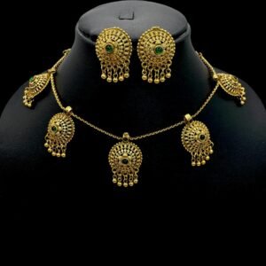 Gold Necklace- Green Stones- Studs, Product Code: V-3115