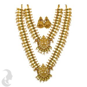 Combo Necklace- Lakshmi Necklace- Green & Ruby Color Stones- Jhumkas, Product Code: V-1040